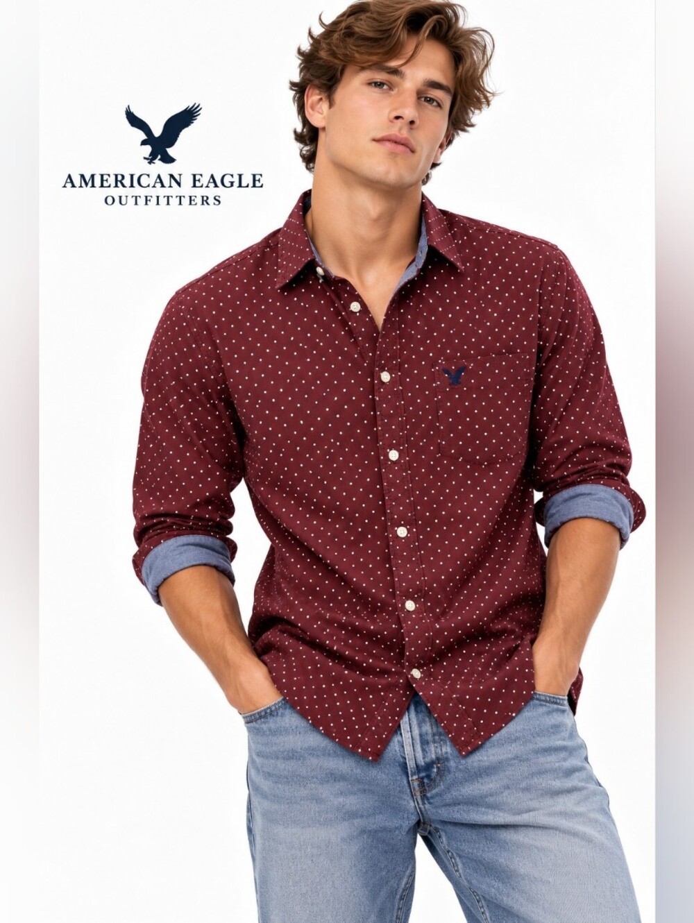American Eagle Men’s Burgundy Polka Dot Classic Fit Button Down Shirt XL